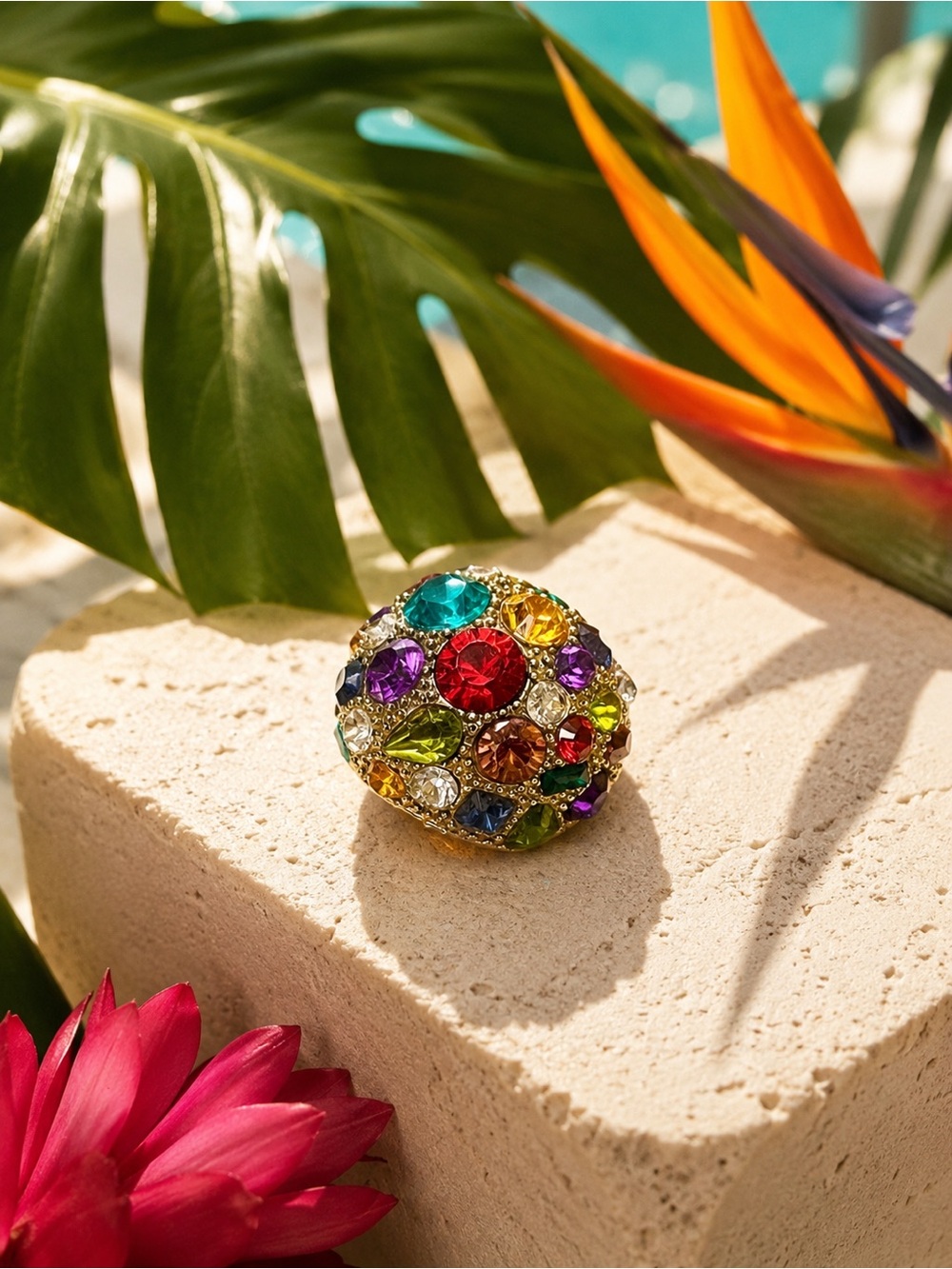 Anthropologie Gold-Tone Dome Statement Ring with Multicolored Vibrant Crystals